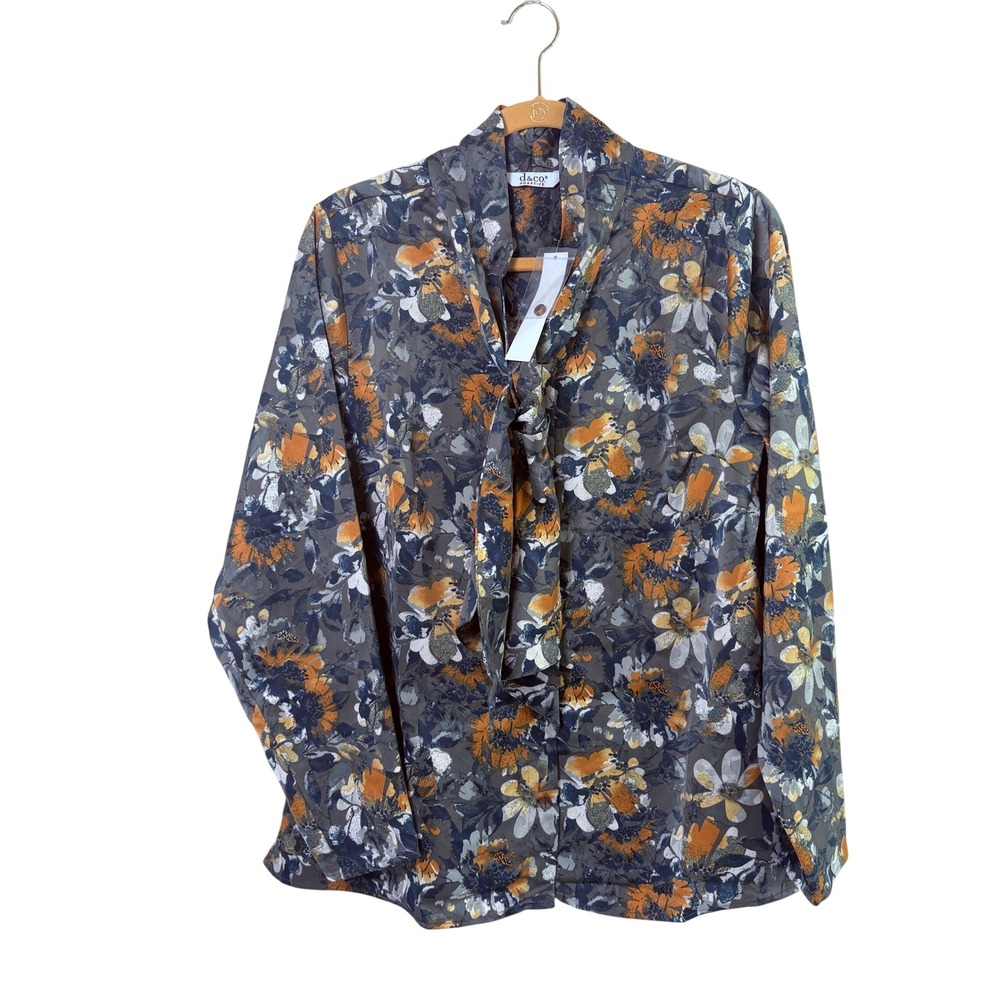 Denim &Co Adaptive Blouse Size M Green Floral Tie Neck Magnetic Buttons NWT